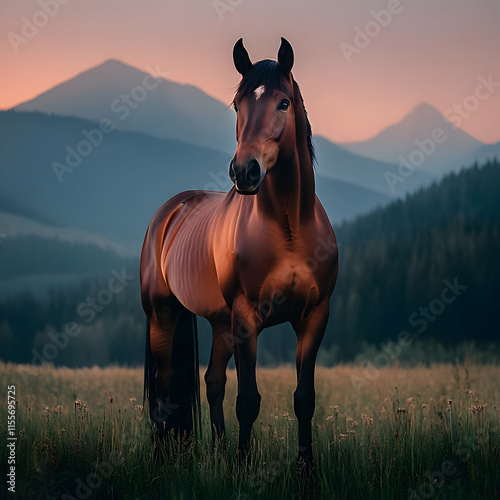 Majestic Brown Horse Sunset Illustration