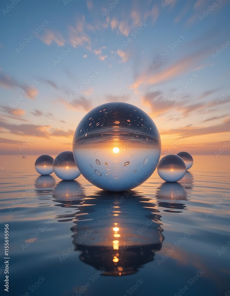 Glass spheres reflect sunset over calm water Glass spheres reflect sunset over calm water