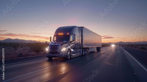 Freightliner Cascadia Semi-Truck on Desert Highway at Sunset