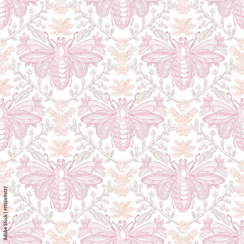 Bee and Floral Seamless Pattern: Elegant Vector Illustration for Fabrics, Wallpapers, and Packaging Design