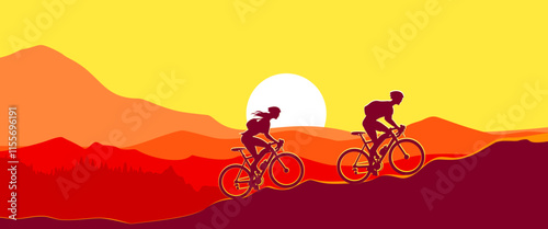 Two campers climbing the mountain by bicycle at sunset. Couple on bike silhouettes and twilight scenery	