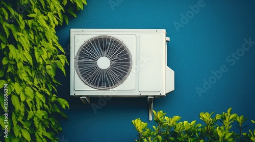 A white air conditioning unit installed on the wall of a modern house, blending seamlessly with the design. photo