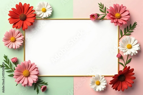Beautiful Floral Border with Cosmos and Daisy Flowers on Pastel Background for Invitations and Greetings