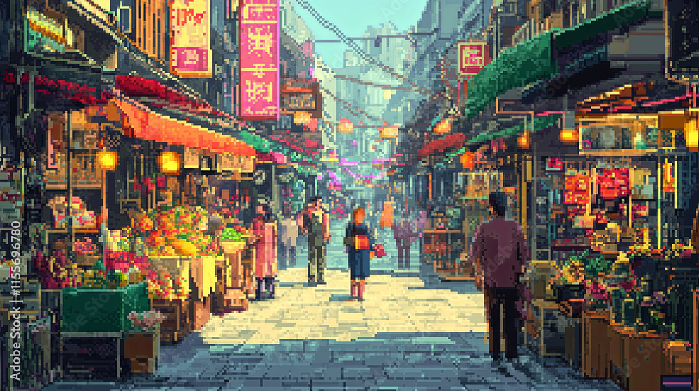 lively street market in pixel art city, showcasing vibrant stalls and colorful produce