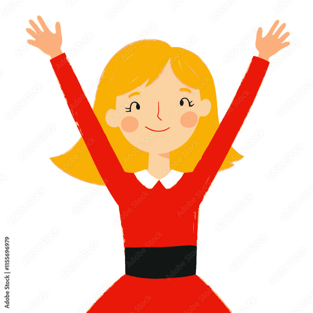 Blond girl in red dress with arms raised Blond girl in red dress with arms raised