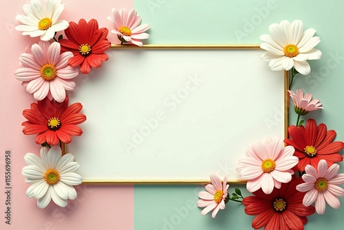 Beautiful Floral Border with Cosmos and Daisy Flowers on Pastel Background for Invitations and Greetings