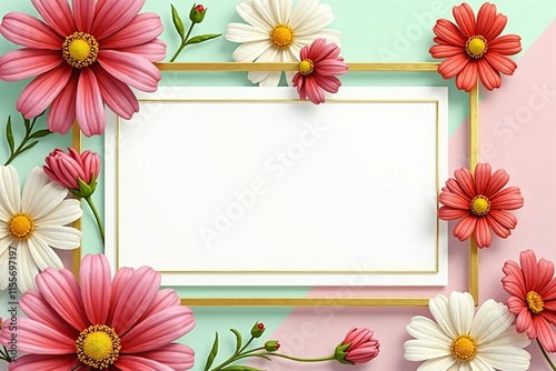Beautiful Floral Border with Cosmos and Daisy Flowers on Pastel Background for Invitations and Greetings