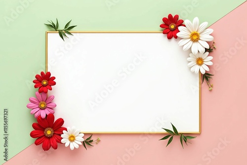 Elegant Floral Frame with Daisies and Cosmos on Soft Pastel Background for Seasonal Designs