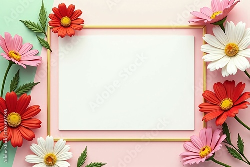 Elegant Floral Frame with Daisies and Cosmos on Soft Pastel Background for Seasonal Designs