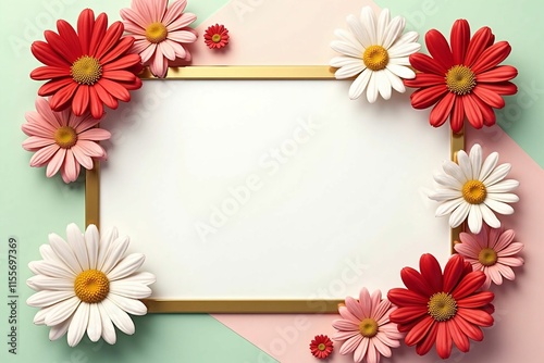 Elegant Floral Frame with Daisies and Cosmos on Soft Pastel Background for Seasonal Designs