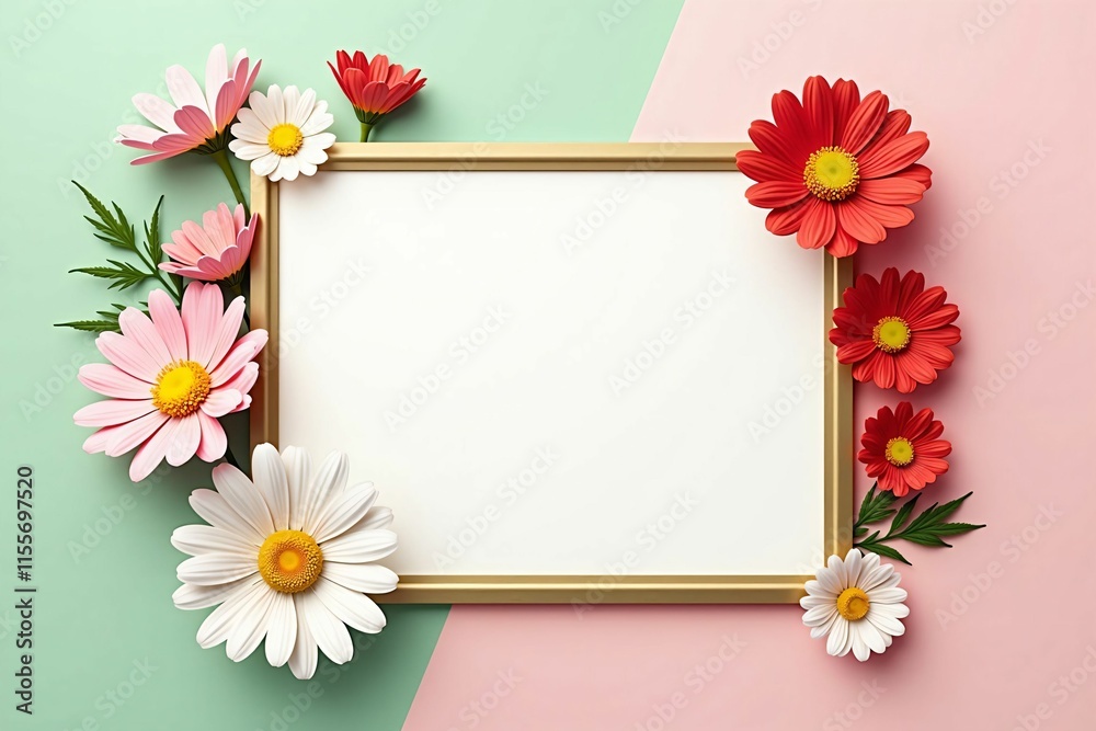 Elegant Floral Frame with Daisies and Cosmos on Soft Pastel Background for Seasonal Designs Elegant Floral Frame with Daisies and Cosmos on Soft Pastel Background for Seasonal Designs