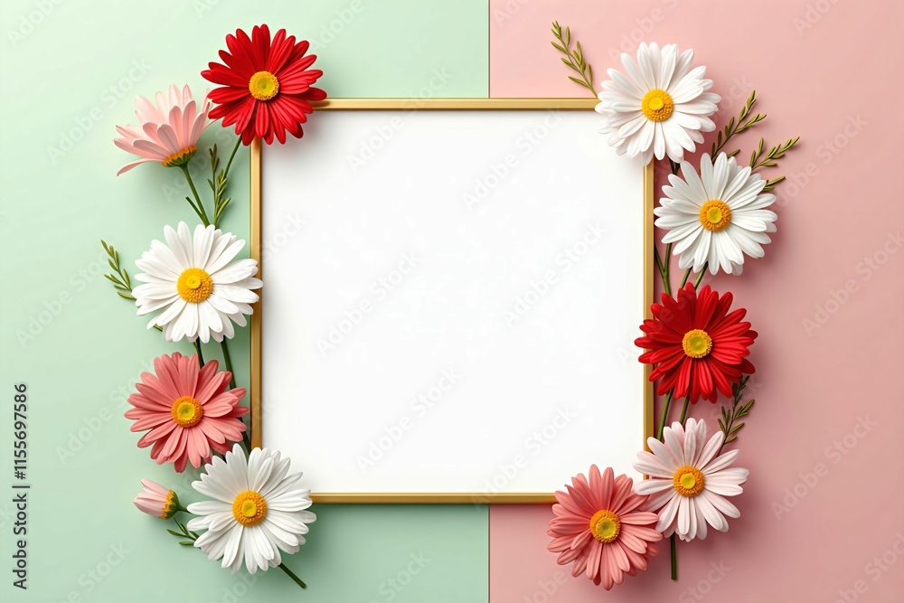 Elegant Floral Frame with Daisies and Cosmos on Soft Pastel Background for Seasonal Designs Elegant Floral Frame with Daisies and Cosmos on Soft Pastel Background for Seasonal Designs