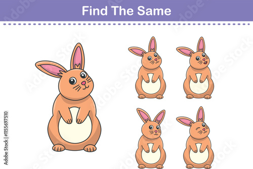 Funny cartoon rabbit. Find same pictures. Educational game for children. Cartoon vector illustration