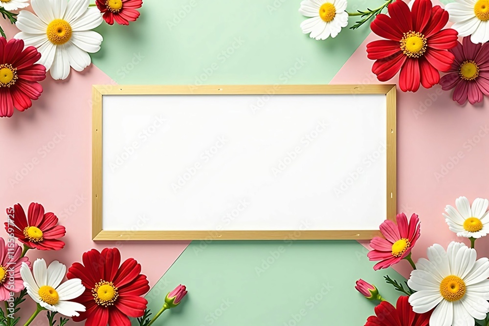 Elegant Floral Frame with Daisies and Cosmos on Soft Pastel Background for Seasonal Designs Elegant Floral Frame with Daisies and Cosmos on Soft Pastel Background for Seasonal Designs
