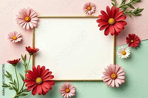 Elegant Floral Frame with Daisies and Cosmos on Soft Pastel Background for Seasonal Designs