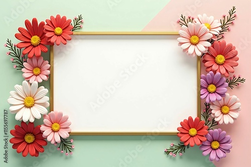 Elegant Floral Frame with Daisies and Cosmos on Soft Pastel Background for Seasonal Designs
