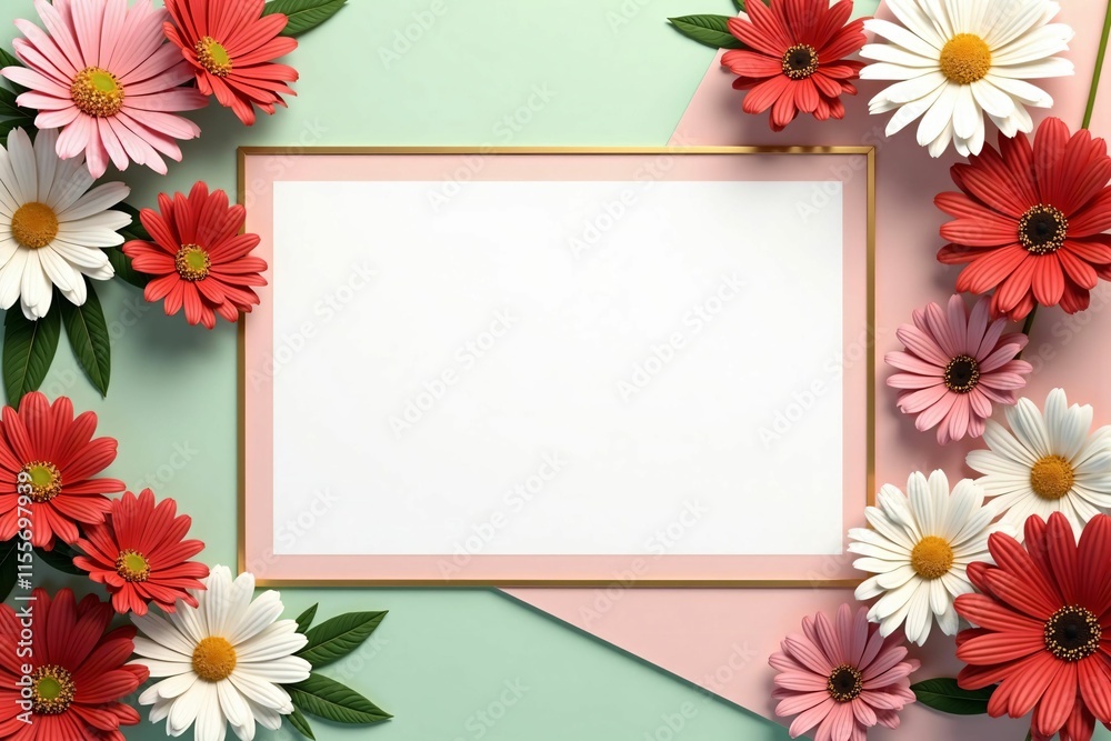 Elegant Floral Frame with Daisies and Cosmos on Soft Pastel Background for Seasonal Designs Elegant Floral Frame with Daisies and Cosmos on Soft Pastel Background for Seasonal Designs