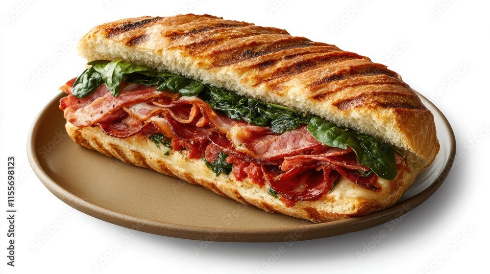 A wholesome sandwich packed with bacon, salami, prosciutto, fresh spinach, and roasted red peppers, served on a ceramic plate. A wholesome sandwich packed with bacon, salami, prosciutto, fresh spinach, and roasted red peppers, served on a ceramic plate.