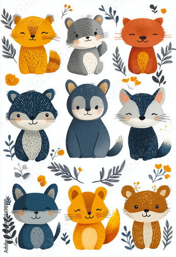 A set of cute cartoon animals with fur and tails