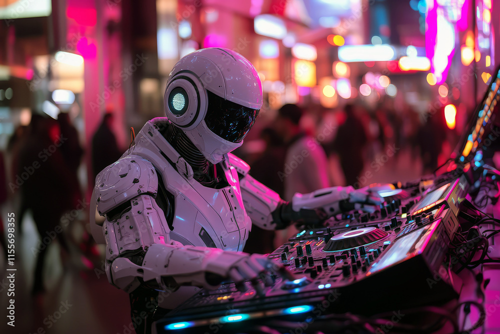 Under vibrant neon lights, a humanoid robot DJ expertly spins records, captivating the outdoor audience. The lively atmosphere fuels excitement as people dance and enjoy the performance. Under vibrant neon lights, a humanoid robot DJ expertly spins records, captivating the outdoor audience. The lively atmosphere fuels excitement as people dance and enjoy the performance.