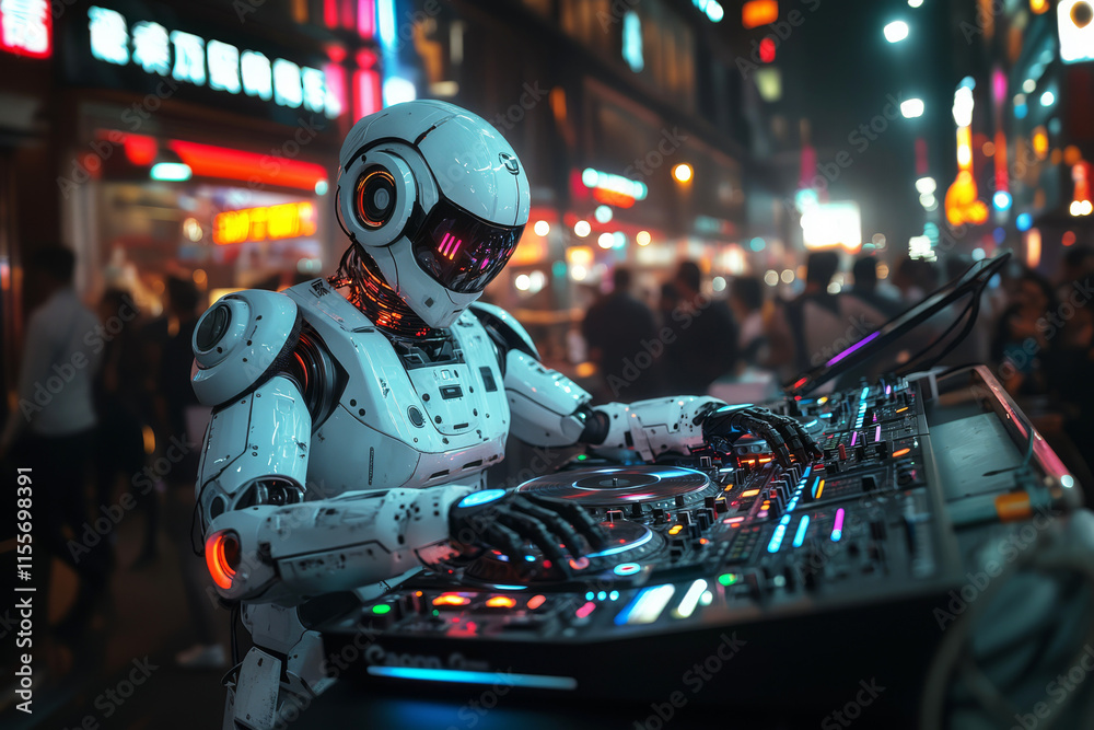 Under vibrant city lights, a humanoid DJ robot energizes the crowd by spinning records at an outdoor performance. The night is alive with music and excitement Under vibrant city lights, a humanoid DJ robot energizes the crowd by spinning records at an outdoor performance. The night is alive with music and excitement
