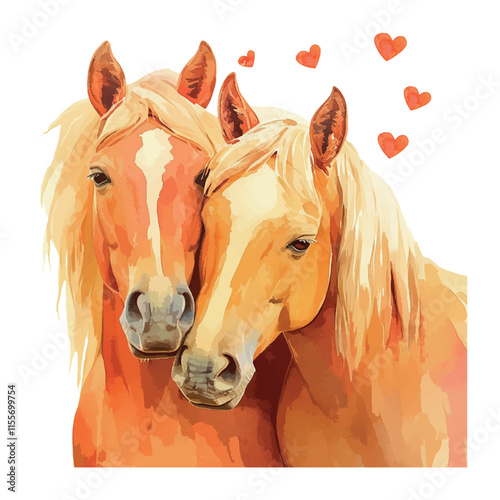 Two horses are hugging each other with hearts on their necks. The scene is a cute and heartwarming illustration