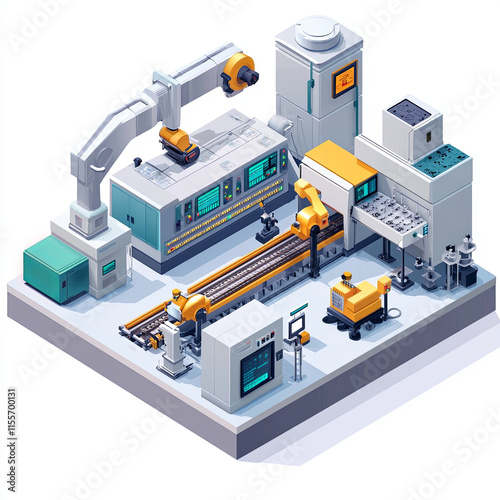 Isometric tiny factory with robotic assembly line and machinery
