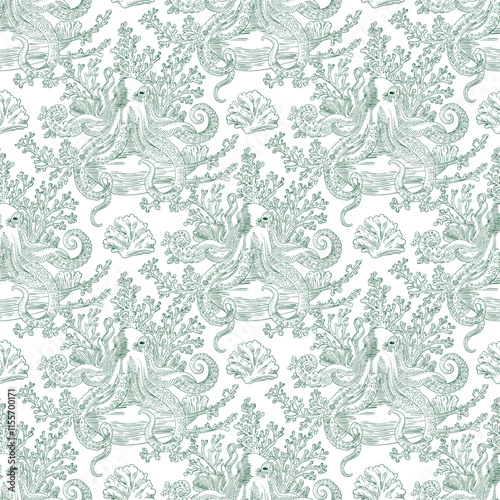 Marine Vector Seamless Pattern Background with Octopuses and Corals, Toile de jouy Vintage Classic Style