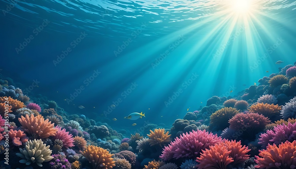 Fototapeta premium Vibrant Coral Reef Illuminated By Sunlit Ocean Water