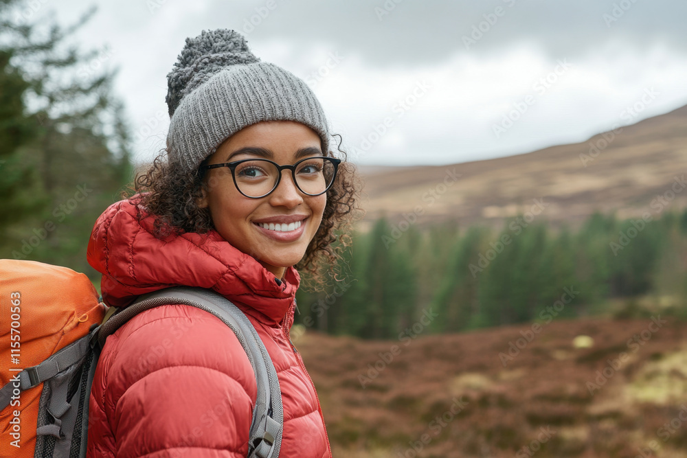 smiling woman in red jacket and gray beanie enjoys hiking in nature. Her backpack and glasses complement scenic landscape of trees and hills smiling woman in red jacket and gray beanie enjoys hiking in nature. Her backpack and glasses complement scenic landscape of trees and hills