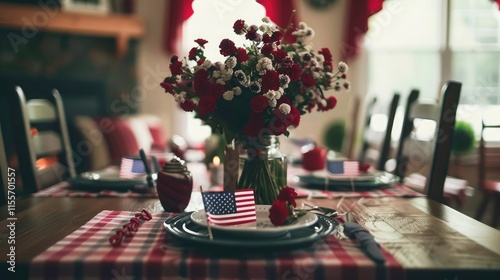  A patriotic centerpiece on a dining table with small flags and red flowers