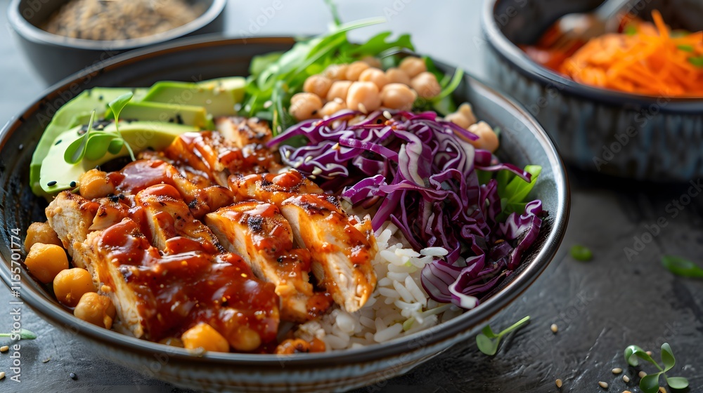 Colorful Bowl of Grilled Chicken with Vegetables and Rice Colorful Bowl of Grilled Chicken with Vegetables and Rice