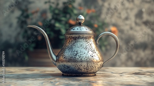 A silver teapot with a long spout and handle sits on a table in front of a blurry background. photo