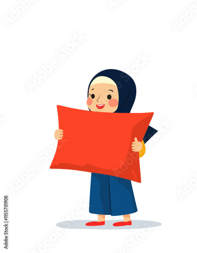 A young girl wearing a hijab, holding a red pillow, smiling