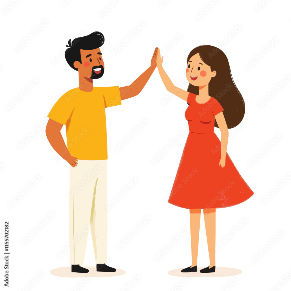 A man and woman high-fiving, dressed casually A man and woman high-fiving, dressed casually