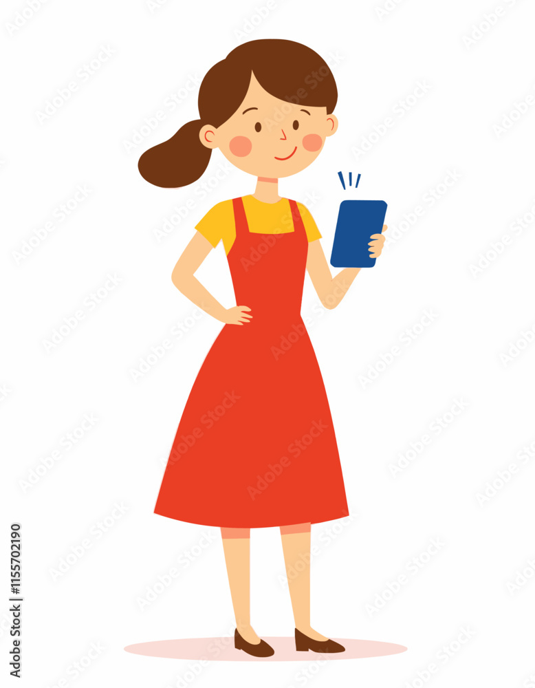 A girl in a red dress holding a blue device A girl in a red dress holding a blue device
