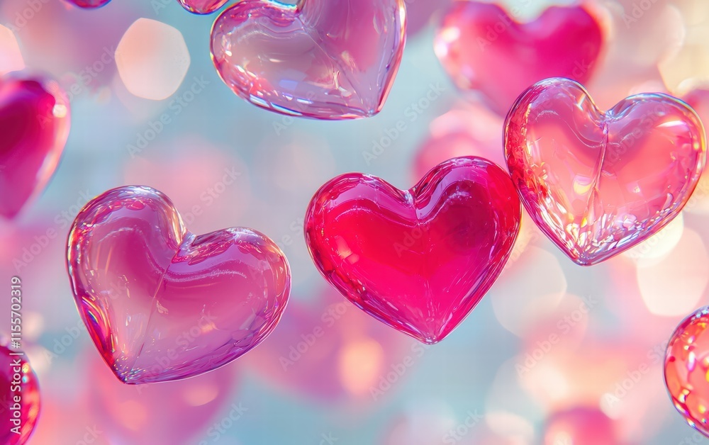 Obraz premium Floating heart-shaped jellies in various shades of pink and red, glowing against a bright backdrop for Saint Valentines Day