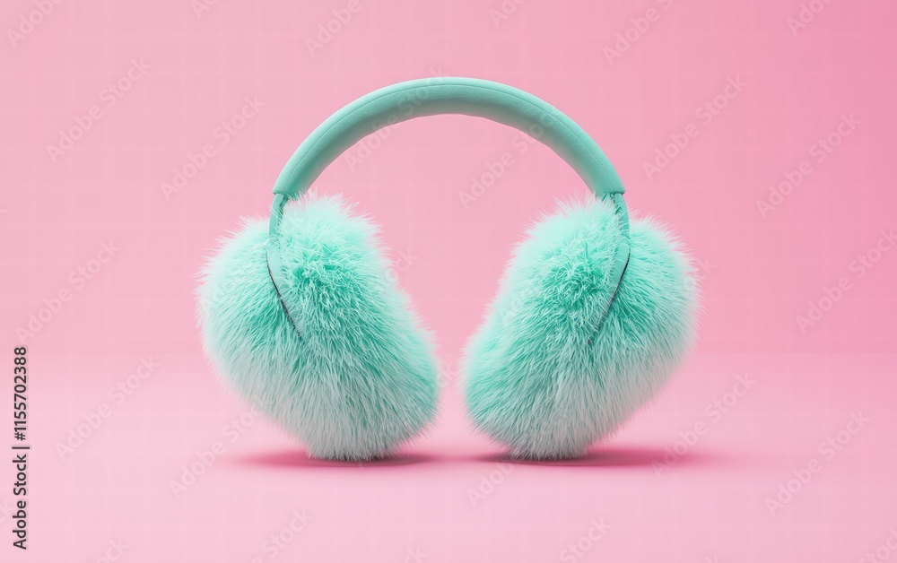 Fluffy mint green earmuffs mockup, slightly twisted mid-air, pastel pink background Fluffy mint green earmuffs mockup, slightly twisted mid-air, pastel pink background