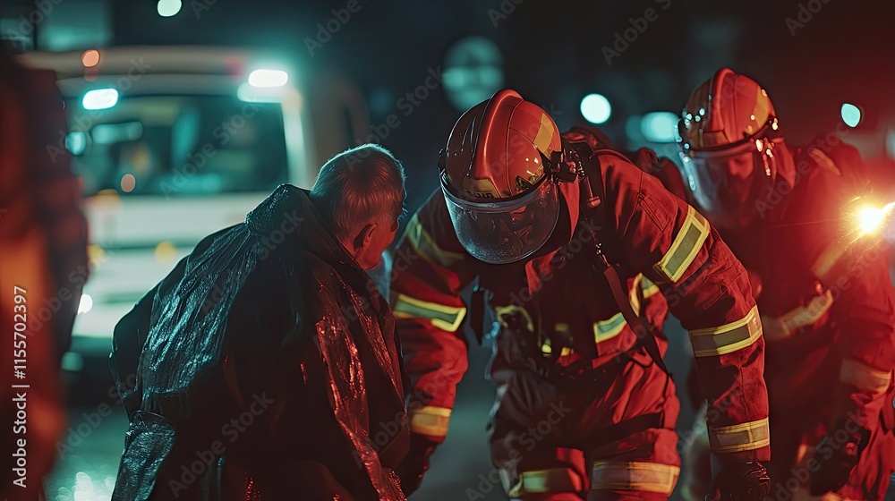 Firefighters assisting an elderly person during an evacuation, their protective suits reflecting emergency lights Firefighters assisting an elderly person during an evacuation, their protective suits reflecting emergency lights