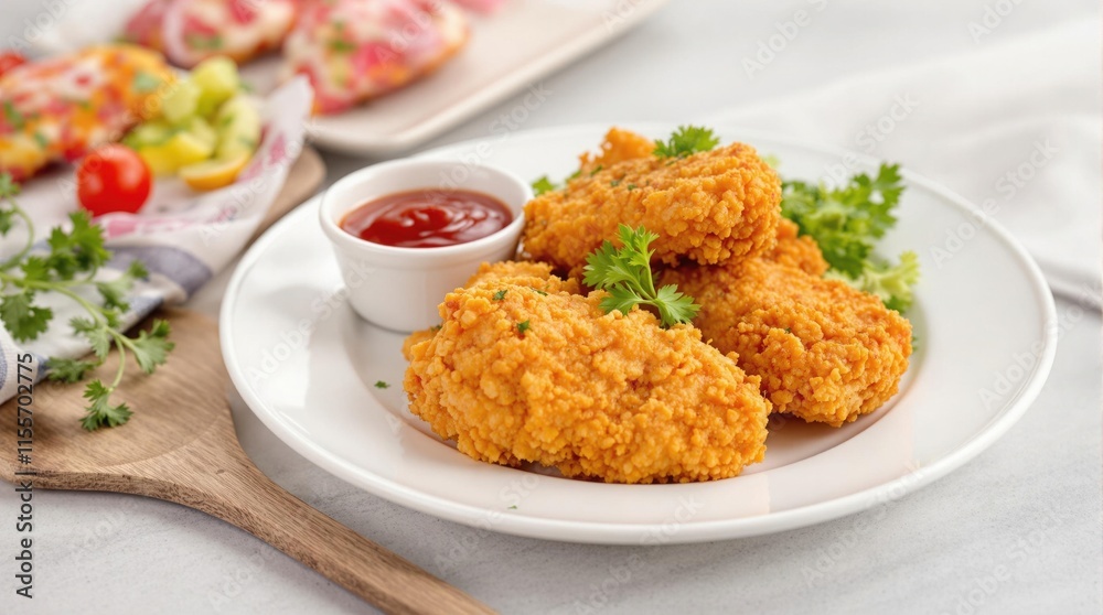 Crispy golden fish nuggets served on a clean white plate, paired with vibrant red ketchup, styled for bright and modern creative food photography Crispy golden fish nuggets served on a clean white plate, paired with vibrant red ketchup, styled for bright and modern creative food photography