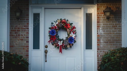 A patriotic-themed wreath hanging on a white front door for Presidents' Day
