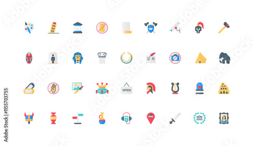 Museum, exhibits of art gallery, antique history, heritage and archeology exhibition color icon set. Audio guide, artwork and painting, information for excursion flat elements vector illustration