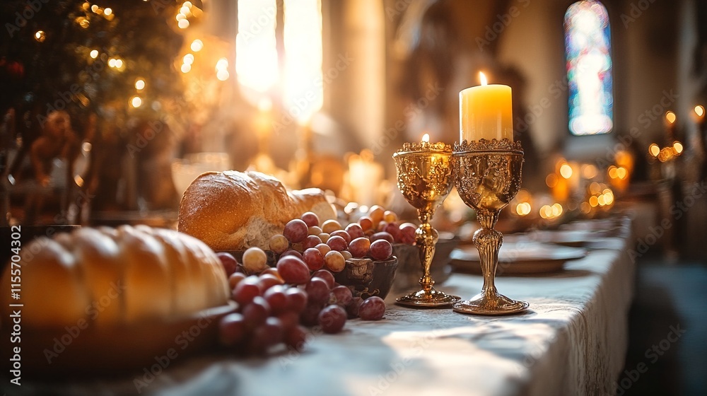 Holy Communion Service in a Church with Traditional Bread and Grapes on the Table. Holy Communion Service in a Church with Traditional Bread and Grapes on the Table.
