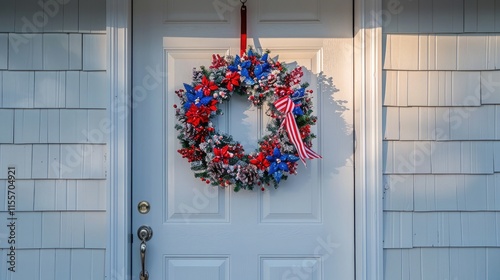 A patriotic-themed wreath hanging on a white front door for Presidents' Day