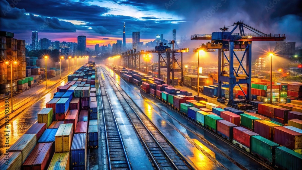 Southeast Asian logistics hums: a vibrant night scene at a Thai container terminal, rail transport moving cargo under the stars. Southeast Asian logistics hums: a vibrant night scene at a Thai container terminal, rail transport moving cargo under the stars.