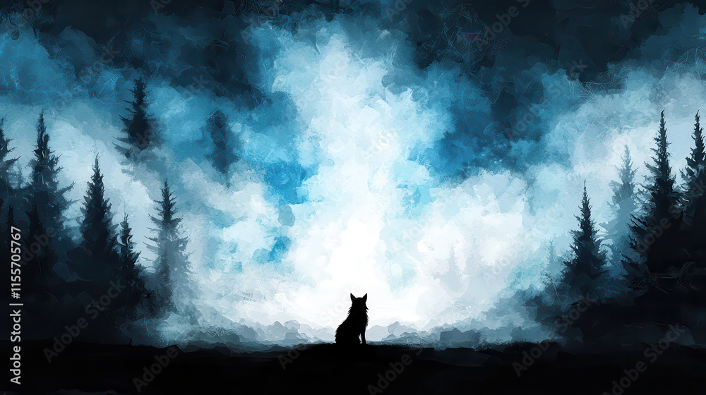 Fototapeta premium mystical fox silhouette against foggy forest backdrop, evoking wonder