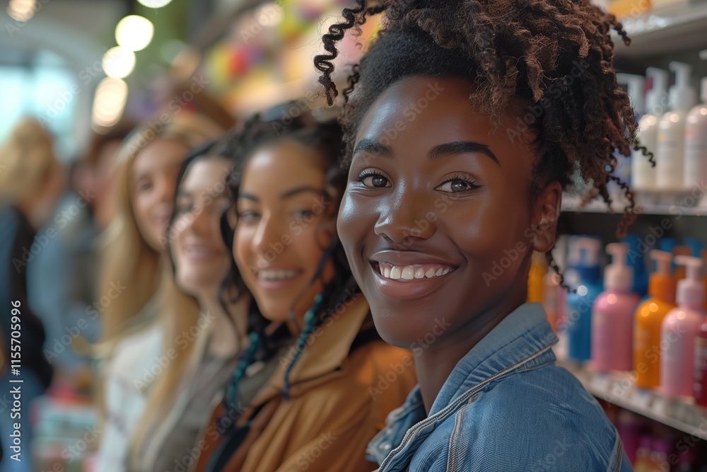 A joyful woman smiles at the camera in a vibrant store filled with beauty products, reflecting a lively shopping experience. A joyful woman smiles at the camera in a vibrant store filled with beauty products, reflecting a lively shopping experience.