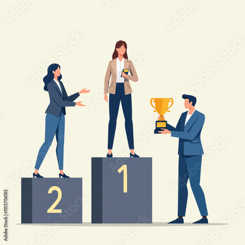 People standing on podium receiving top three, employee recognition and competition winners, business style design vector illustration.