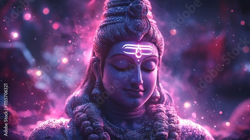 A close-up photograph of Lord Shiva's face with intricate details, capturing his serene expression and majestic presence.