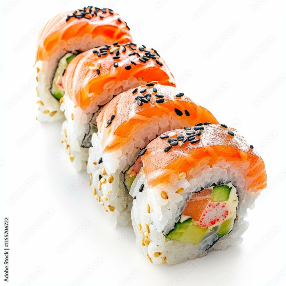 Delicious philadelphia uramaki sushi rolls with salmon, sesame seeds, cucumber, avocado and surimi on white background Delicious philadelphia uramaki sushi rolls with salmon, sesame seeds, cucumber, avocado and surimi on white background